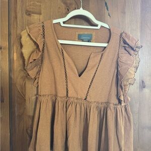 Anthropologie Camel Shimmer Ruffle Flutter Sleeve Top